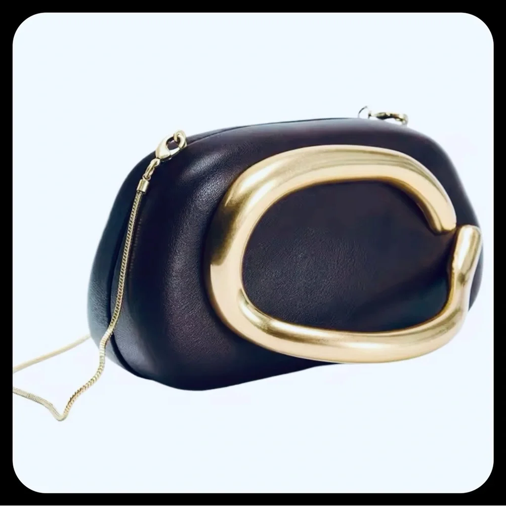 UNIQUE STYLE BLACK WITH GOLD CLUTCH OR CROSSBODY HANDBAG-VEGAN LEATHER‎-NWT